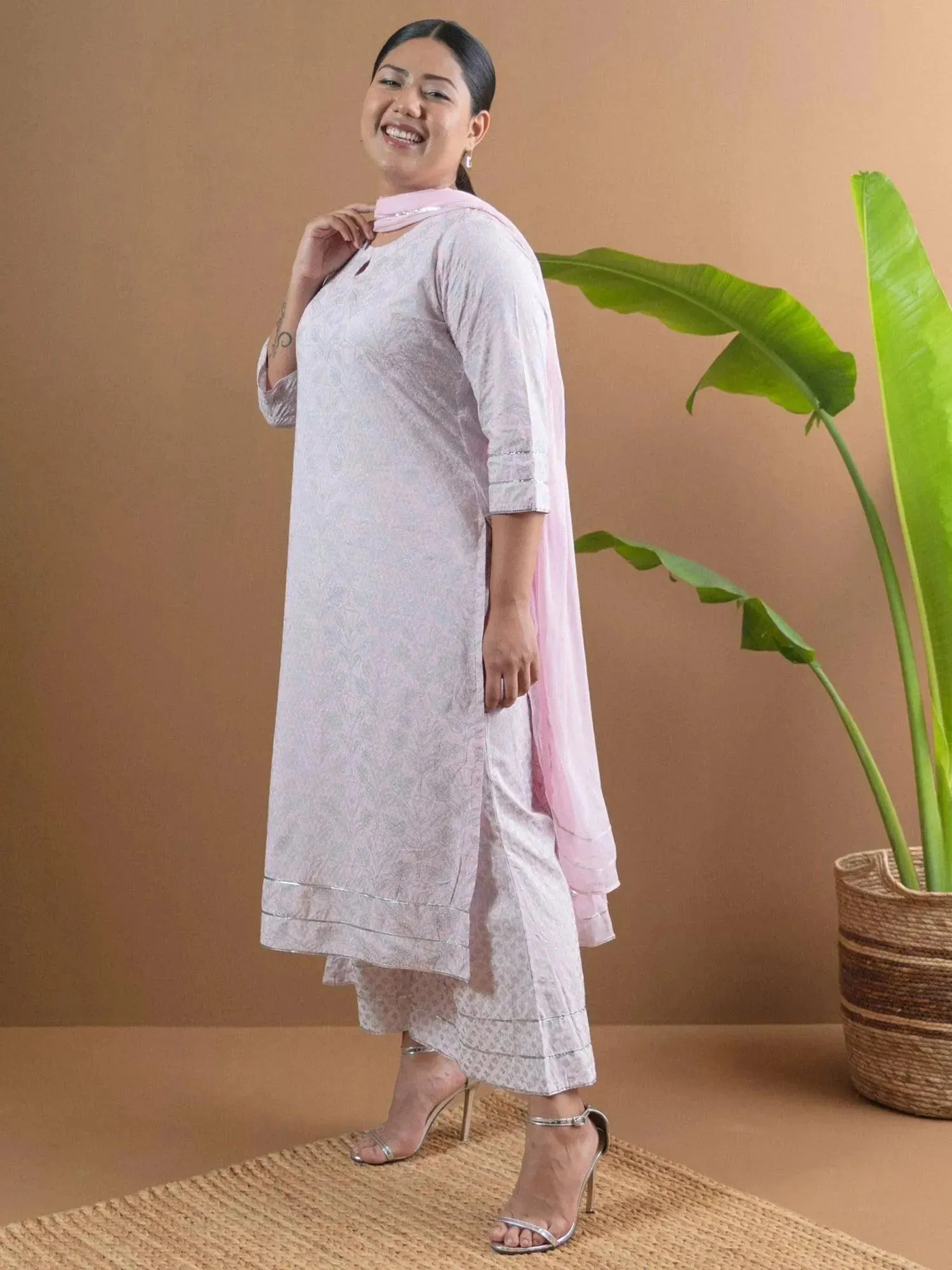 Plus Size Pink Printed Cotton Straight Kurta With Palazzos & Dupatta