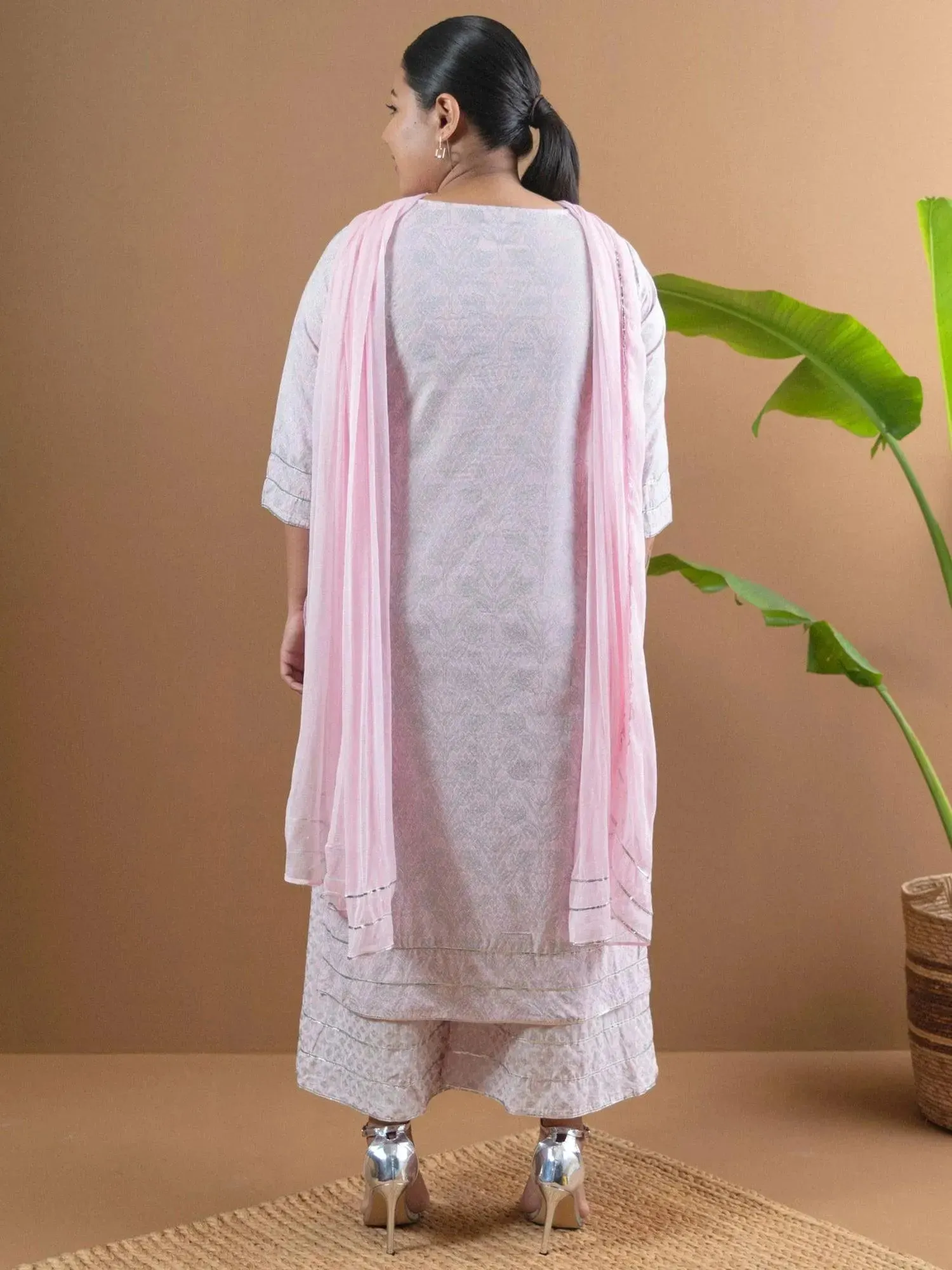 Plus Size Pink Printed Cotton Straight Kurta With Palazzos & Dupatta