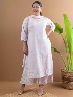 Plus Size Pink Printed Cotton Straight Kurta With Palazzos & Dupatta