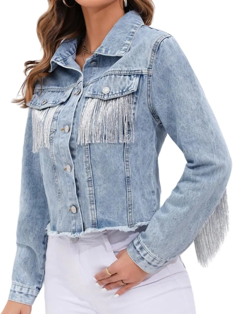 Plus Size Women's Denim Jacket with Silver Fringe Trim,Motorcycle Jacket Outerwear,Streetwear Denim Jacket