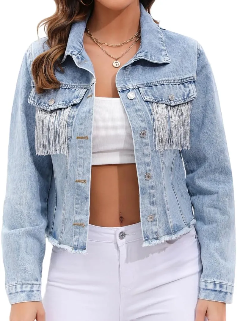 Plus Size Women's Denim Jacket with Silver Fringe Trim,Motorcycle Jacket Outerwear,Streetwear Denim Jacket