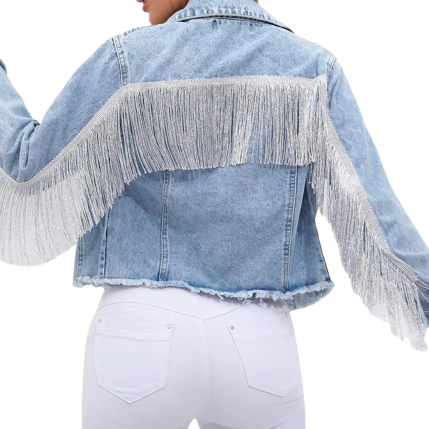 Plus Size Women's Denim Jacket with Silver Fringe Trim,Motorcycle Jacket Outerwear,Streetwear Denim Jacket