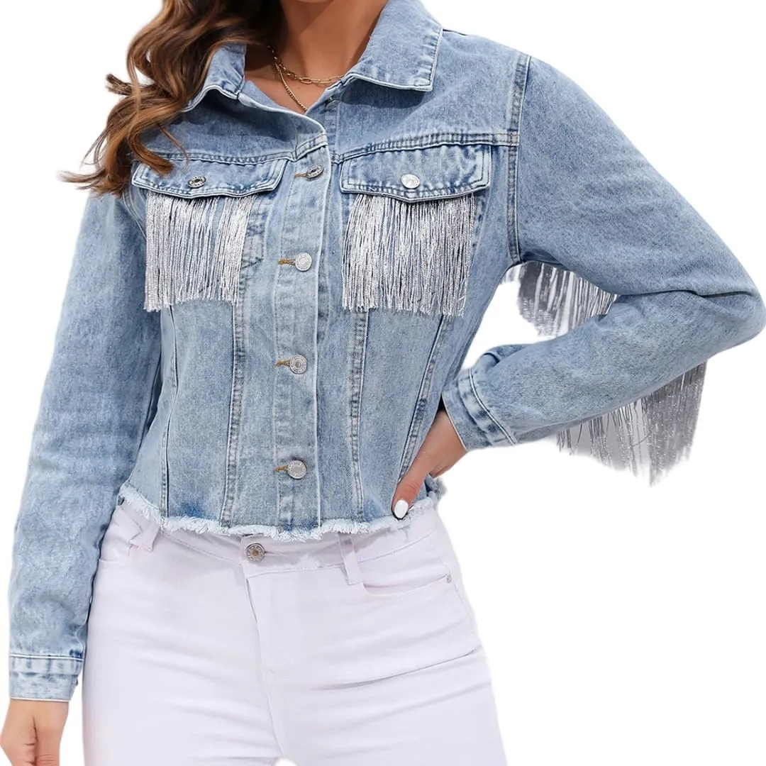 Plus Size Women's Denim Jacket with Silver Fringe Trim,Motorcycle Jacket Outerwear,Streetwear Denim Jacket