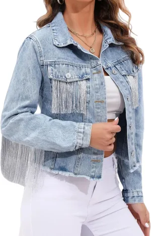 Plus Size Women's Denim Jacket with Silver Fringe Trim,Motorcycle Jacket Outerwear,Streetwear Denim Jacket