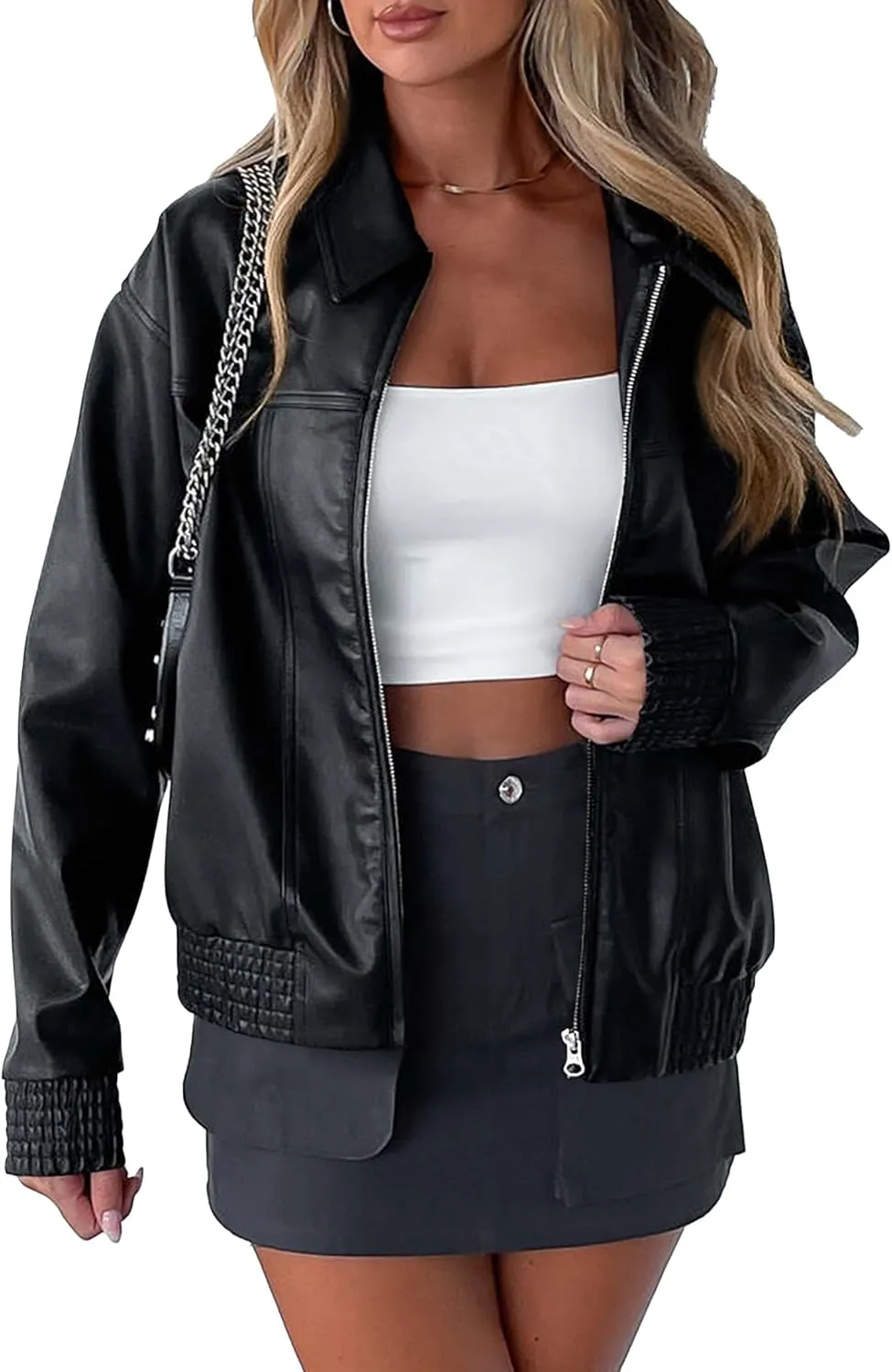PRETTYGARDEN Women's Faux Leather Jackets 2025 Spring Bomber Jacket Zip Up Motorcycle Coats Long Sleeve Winter Clothes