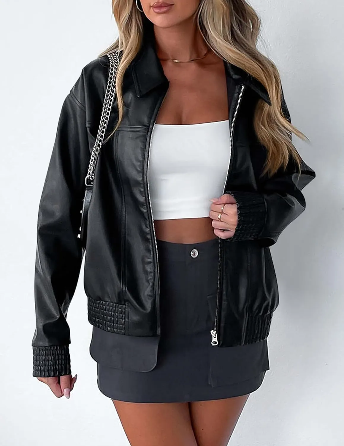 PRETTYGARDEN Women's Faux Leather Jackets 2025 Spring Bomber Jacket Zip Up Motorcycle Coats Long Sleeve Winter Clothes