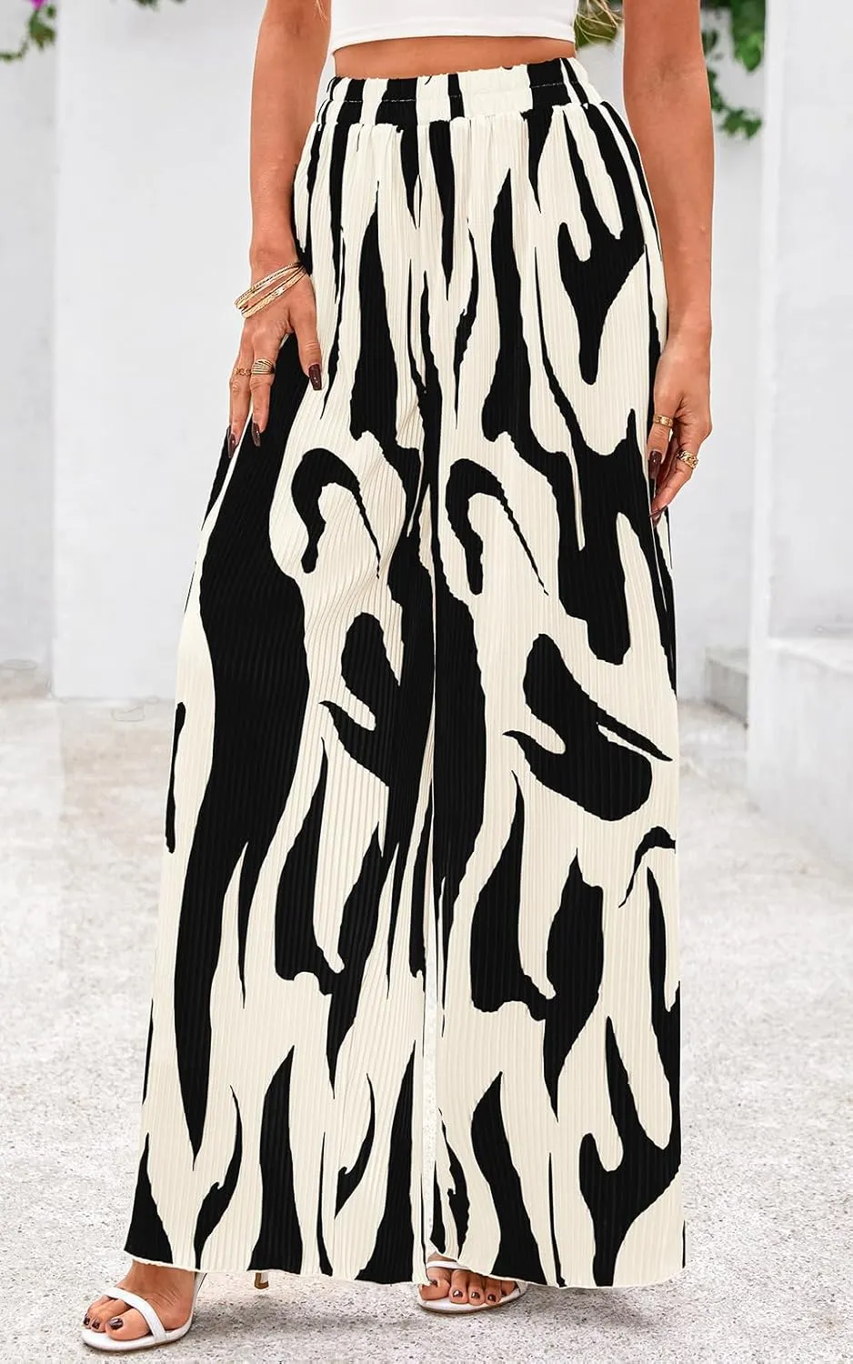 PRETTYGARDEN Womens Pants Dressy Casual Wide Leg Graphic Print Lounge Pants Women Comfy High Waist Pleated Palazzo Pants