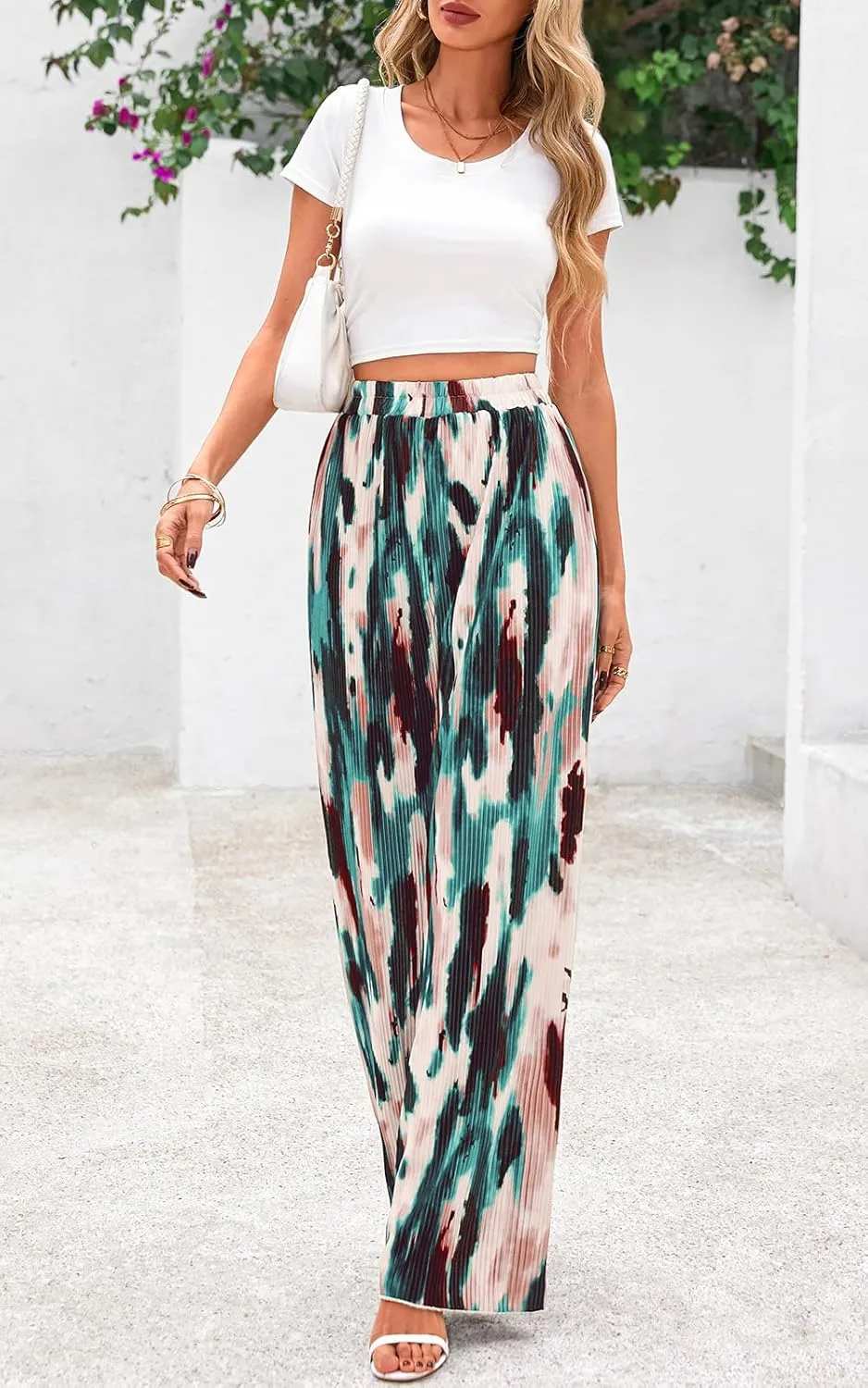 PRETTYGARDEN Womens Pants Dressy Casual Wide Leg Graphic Print Lounge Pants Women Comfy High Waist Pleated Palazzo Pants
