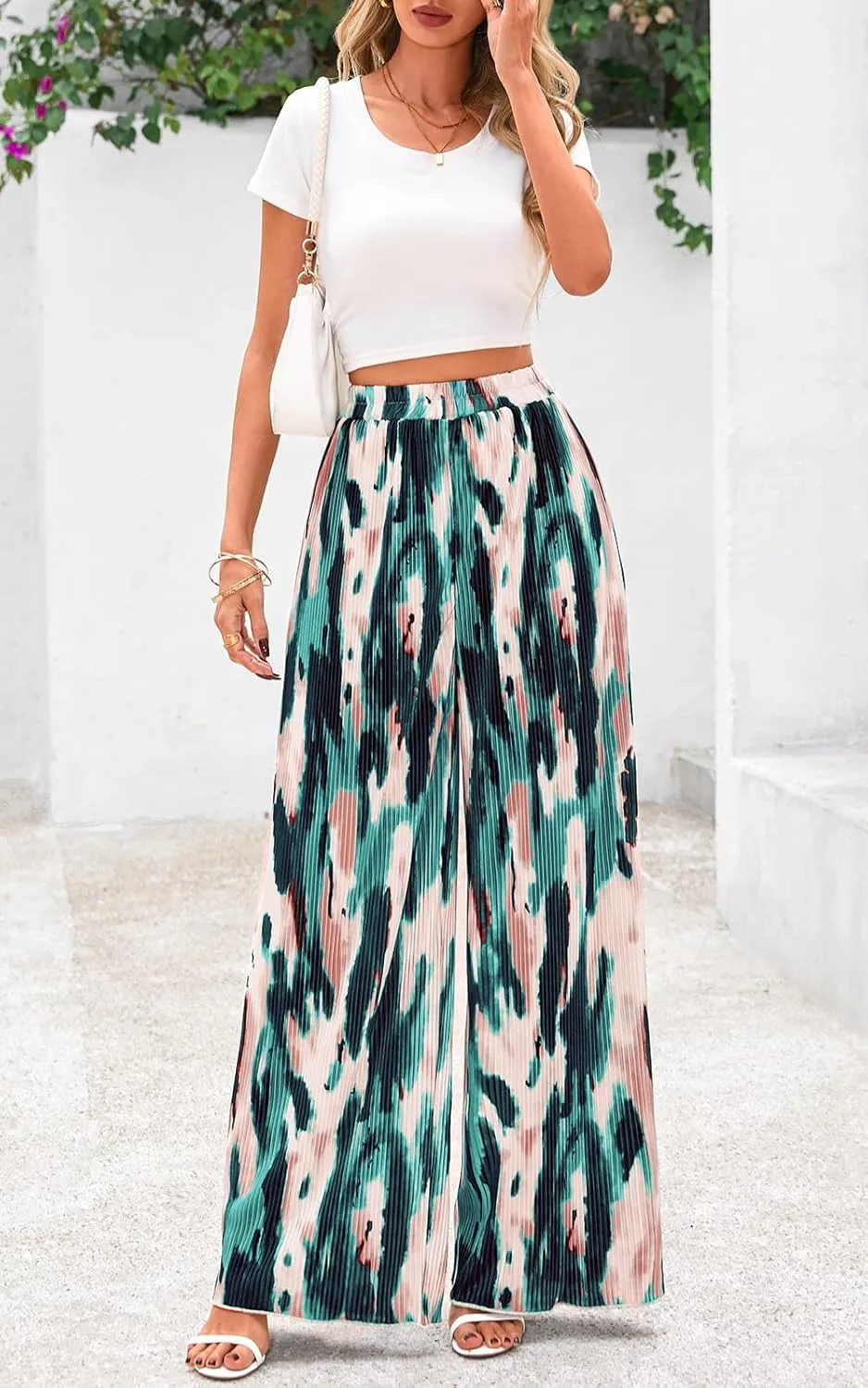 PRETTYGARDEN Womens Pants Dressy Casual Wide Leg Graphic Print Lounge Pants Women Comfy High Waist Pleated Palazzo Pants