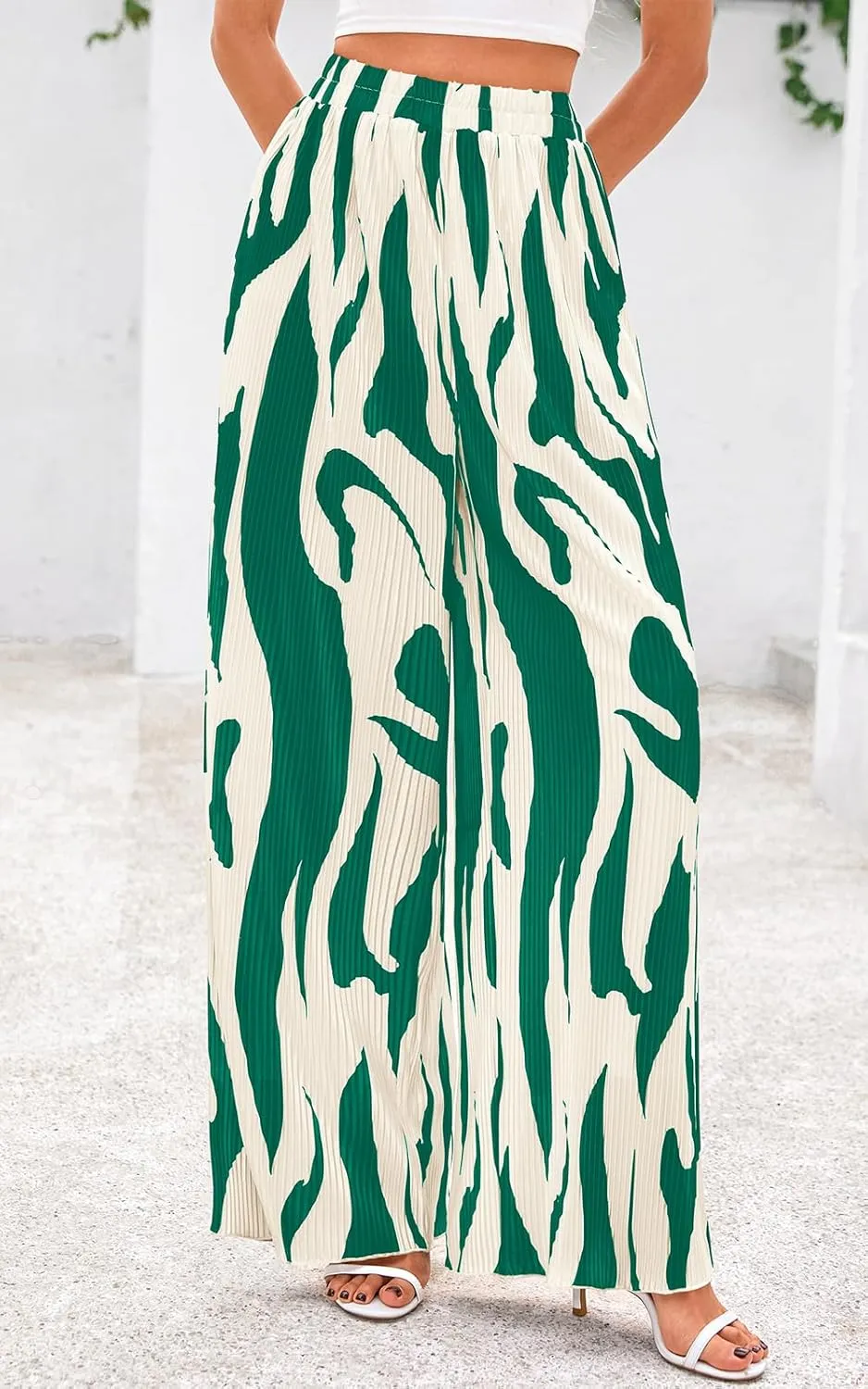 PRETTYGARDEN Womens Pants Dressy Casual Wide Leg Graphic Print Lounge Pants Women Comfy High Waist Pleated Palazzo Pants
