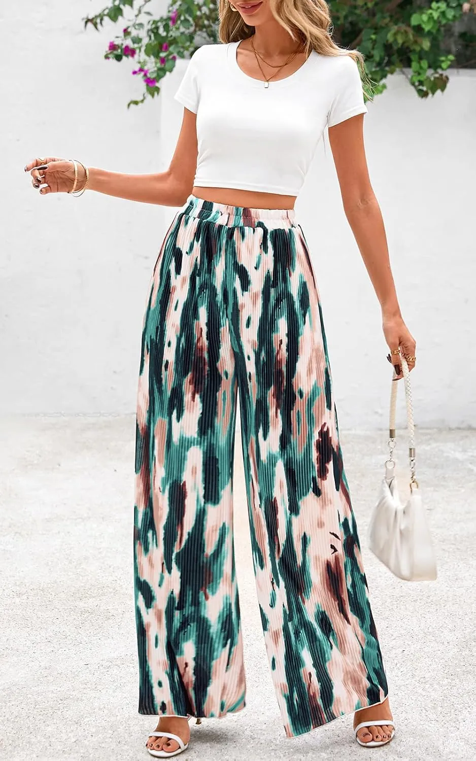 PRETTYGARDEN Womens Pants Dressy Casual Wide Leg Graphic Print Lounge Pants Women Comfy High Waist Pleated Palazzo Pants
