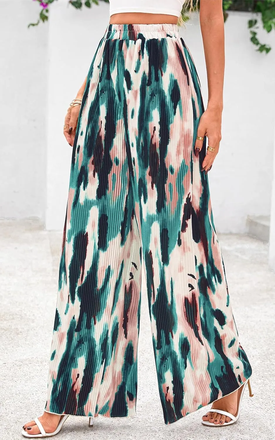 PRETTYGARDEN Womens Pants Dressy Casual Wide Leg Graphic Print Lounge Pants Women Comfy High Waist Pleated Palazzo Pants