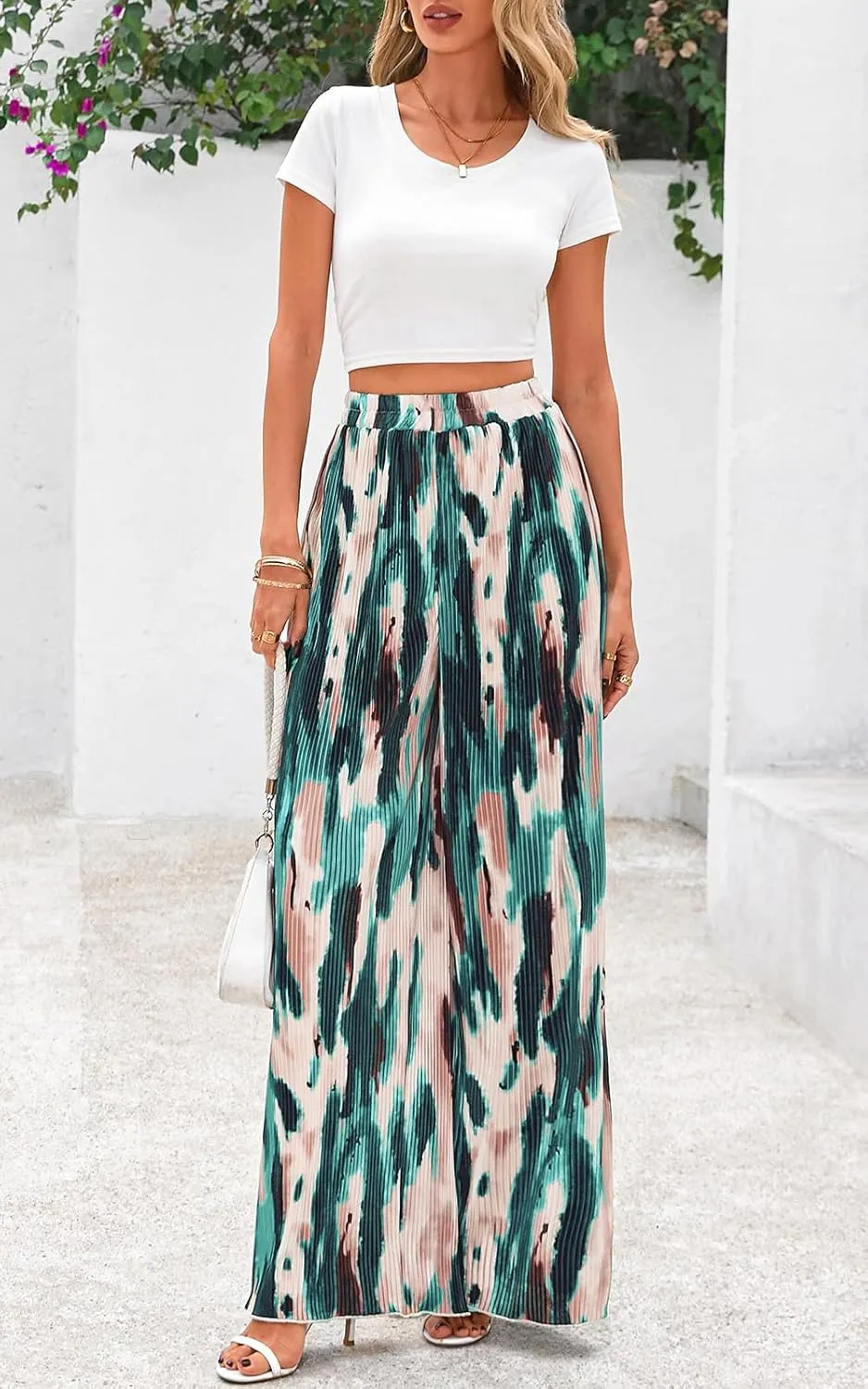 PRETTYGARDEN Womens Pants Dressy Casual Wide Leg Graphic Print Lounge Pants Women Comfy High Waist Pleated Palazzo Pants