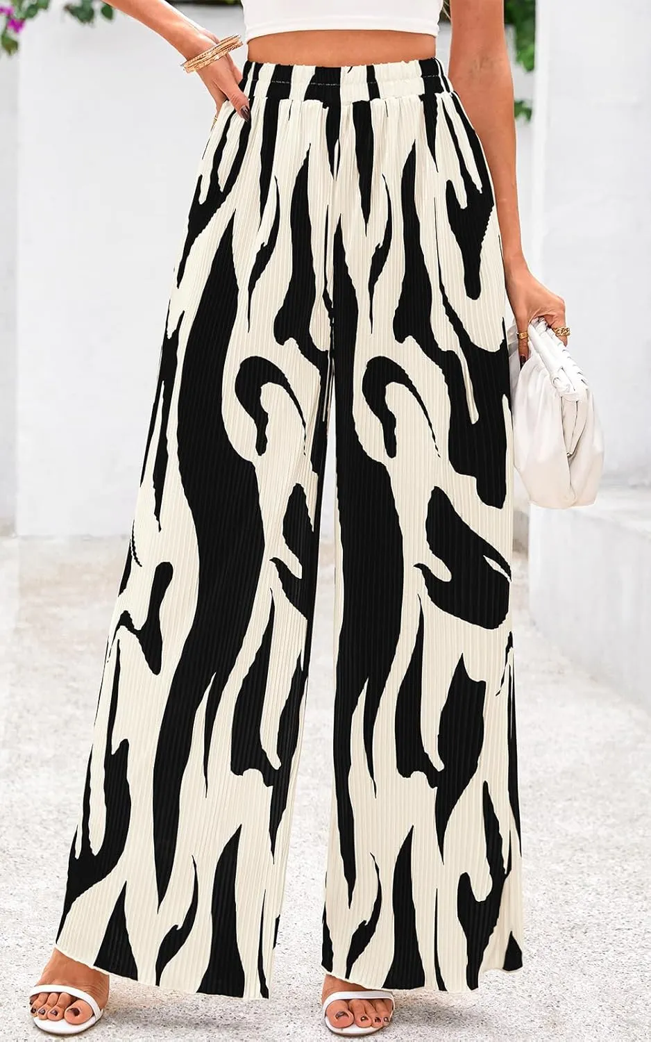 PRETTYGARDEN Womens Pants Dressy Casual Wide Leg Graphic Print Lounge Pants Women Comfy High Waist Pleated Palazzo Pants