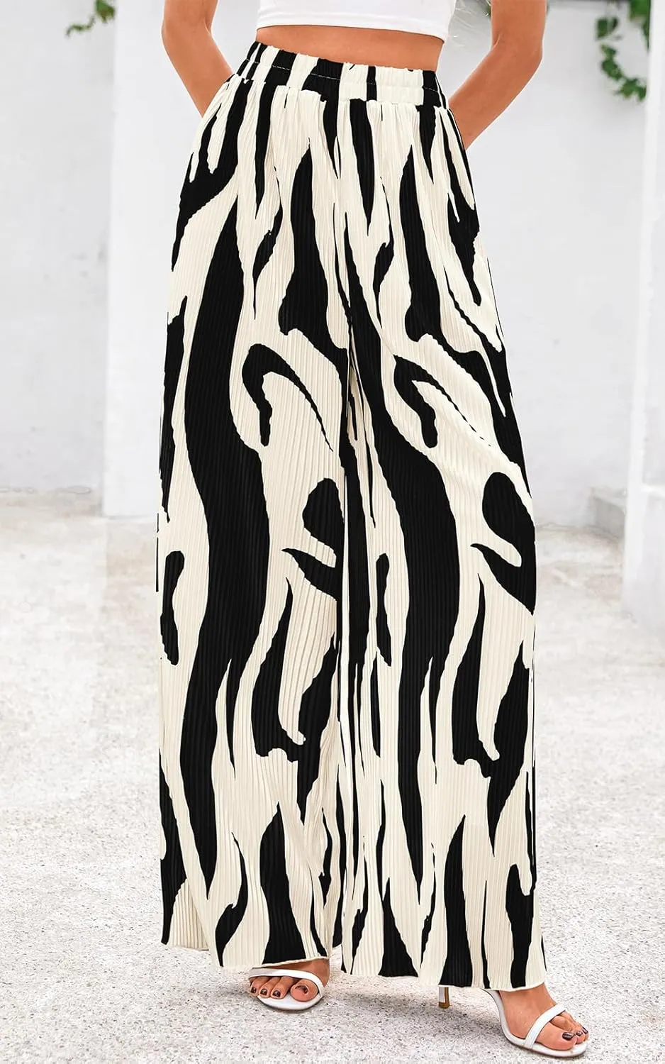 PRETTYGARDEN Womens Pants Dressy Casual Wide Leg Graphic Print Lounge Pants Women Comfy High Waist Pleated Palazzo Pants