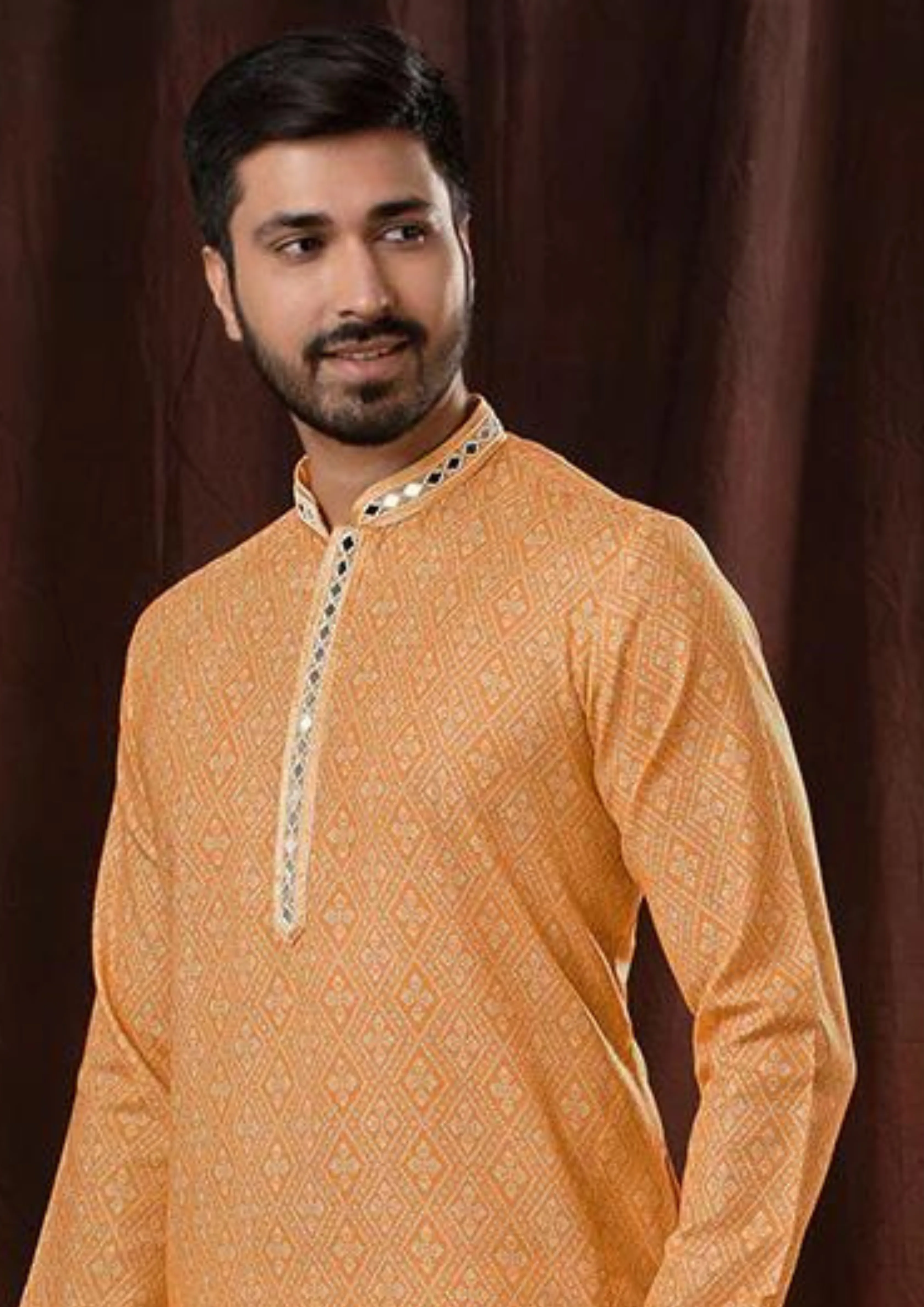 Printed Orange Poly Cotton Straight Cut Men Kurta Pajama For Men