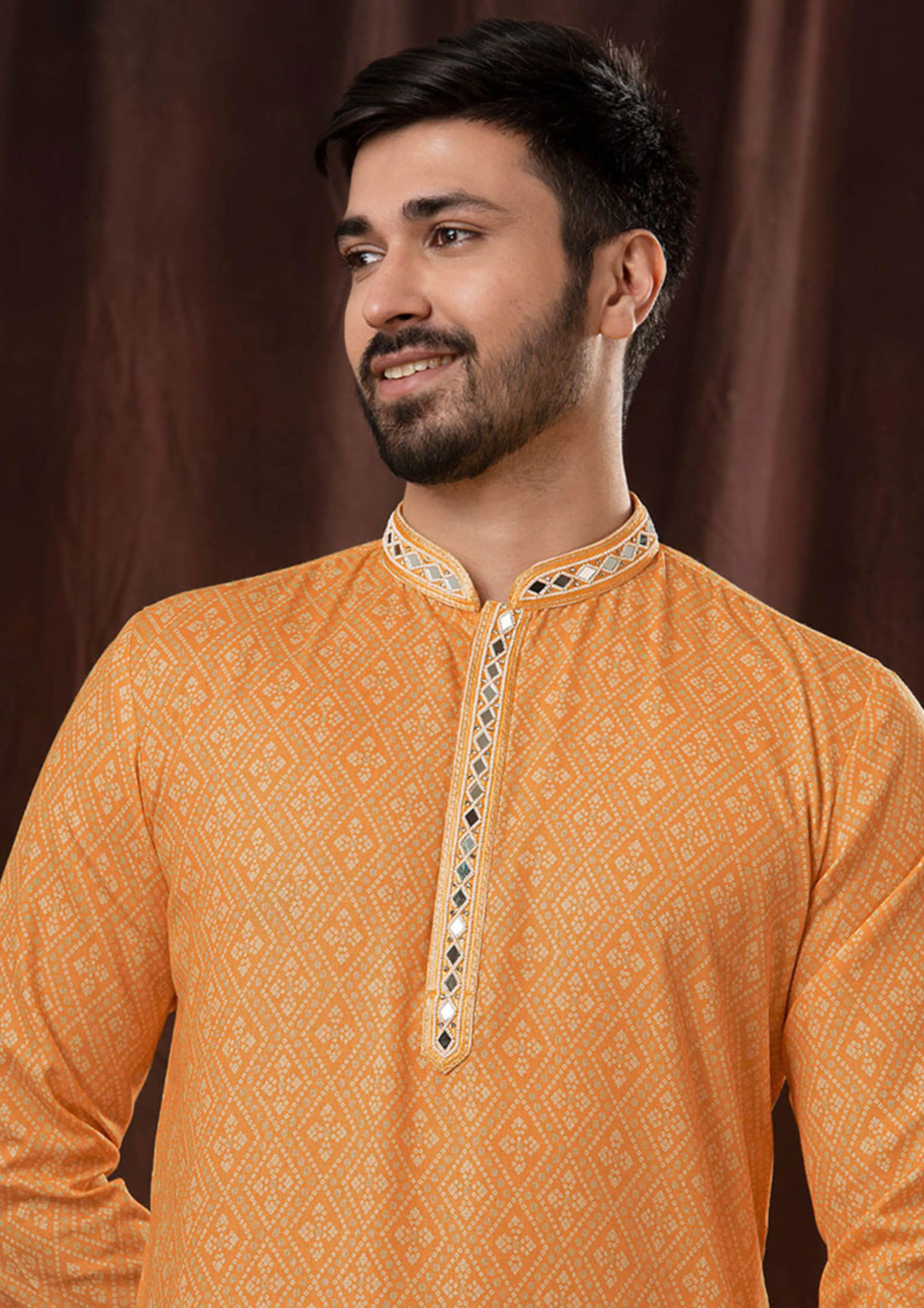 Printed Orange Poly Cotton Straight Cut Men Kurta Pajama For Men