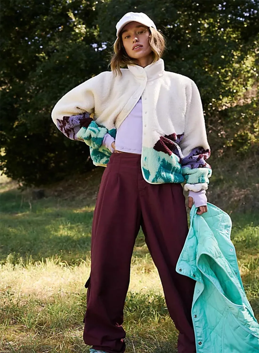 Printed Sherpa Jacket for Women Long Sleeve Button Down Fuzzy Fleece Coat Y2K Outerwear with Pockets