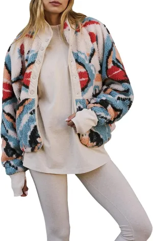 Printed Sherpa Jacket for Women Long Sleeve Button Down Fuzzy Fleece Coat Y2K Outerwear with Pockets
