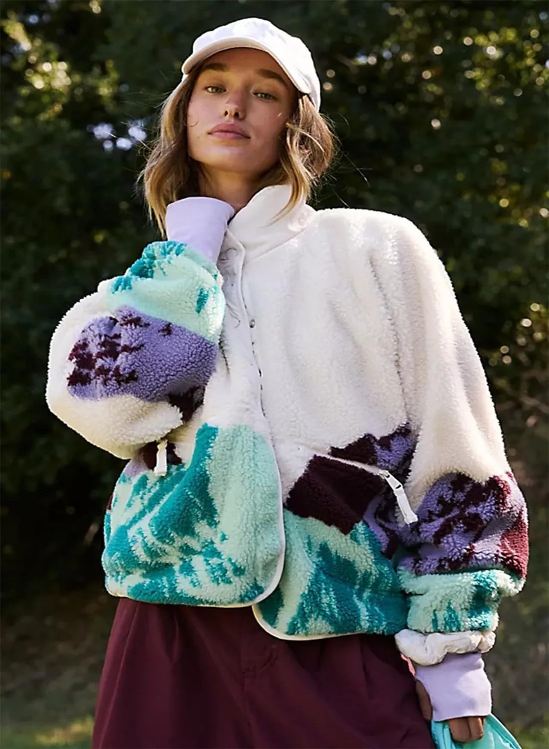Printed Sherpa Jacket for Women Long Sleeve Button Down Fuzzy Fleece Coat Y2K Outerwear with Pockets