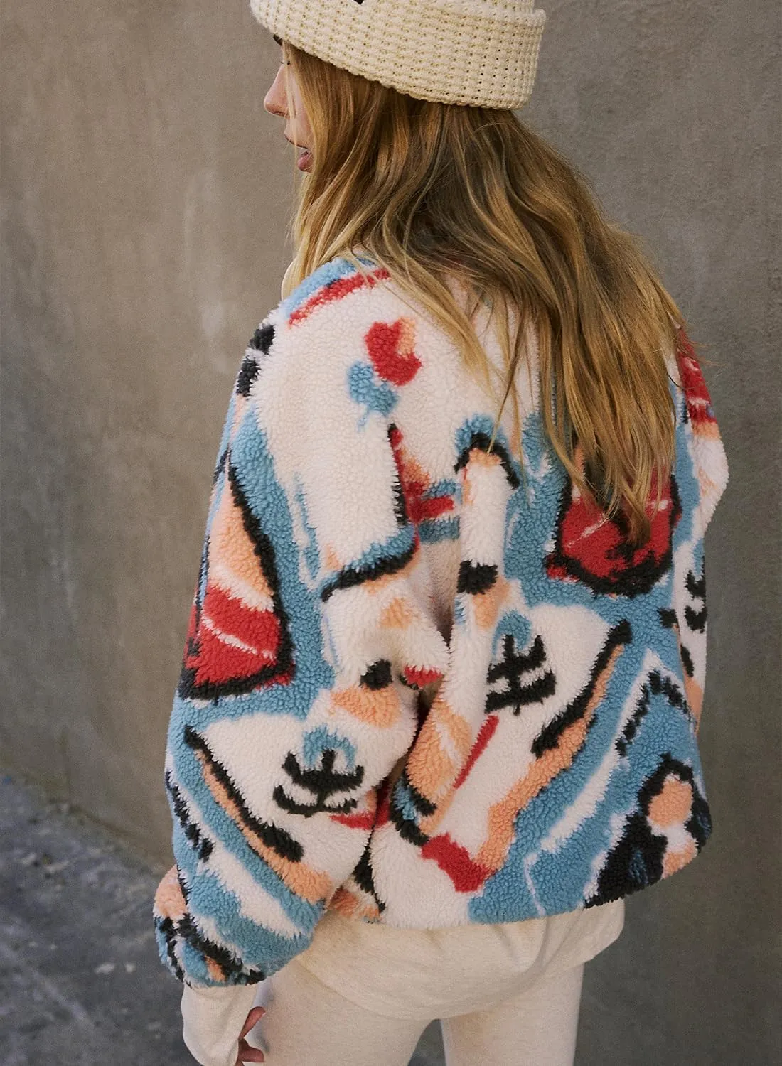Printed Sherpa Jacket for Women Long Sleeve Button Down Fuzzy Fleece Coat Y2K Outerwear with Pockets