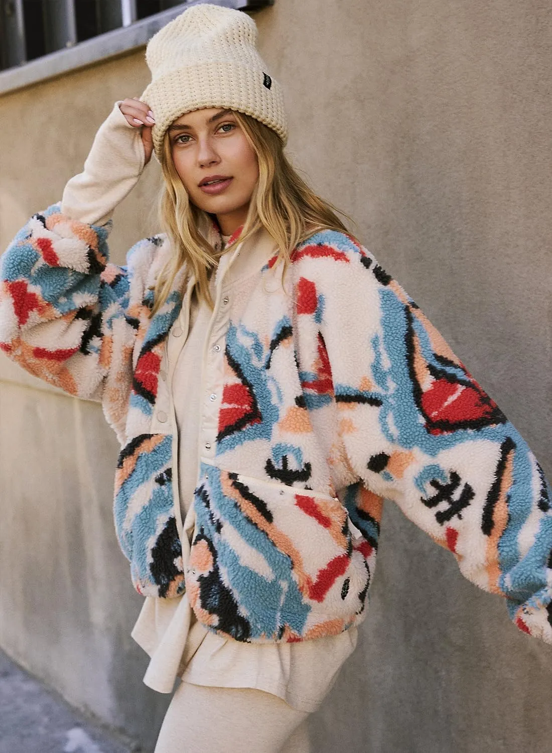 Printed Sherpa Jacket for Women Long Sleeve Button Down Fuzzy Fleece Coat Y2K Outerwear with Pockets