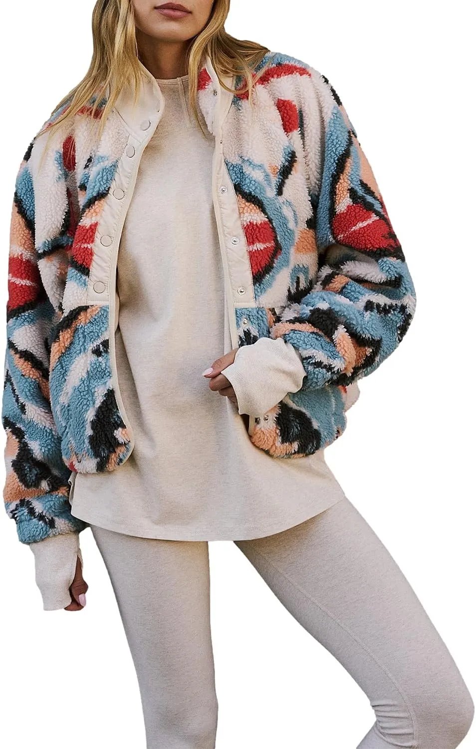 Printed Sherpa Jacket for Women Long Sleeve Button Down Fuzzy Fleece Coat Y2K Outerwear with Pockets