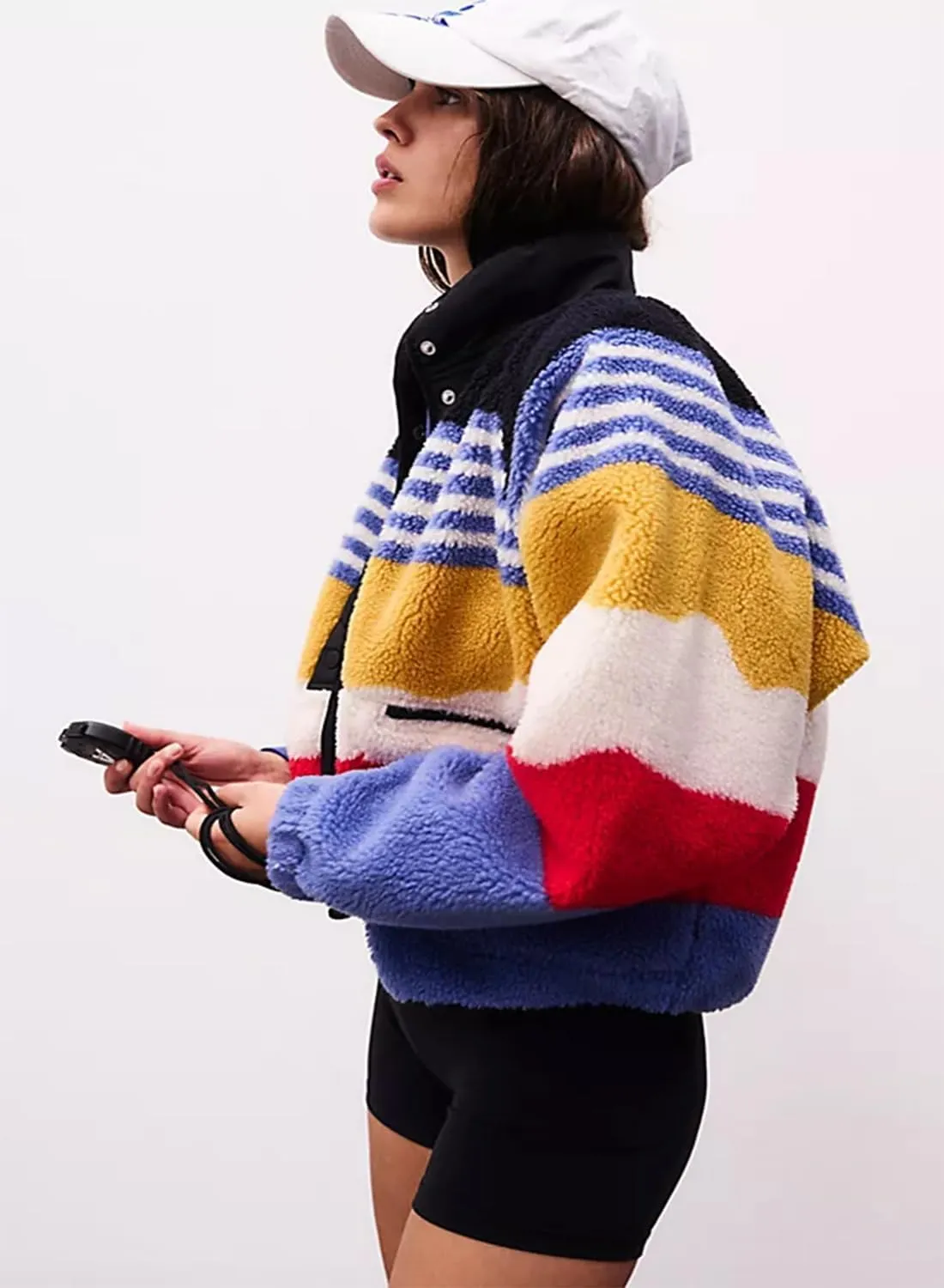 Printed Sherpa Jacket for Women Long Sleeve Button Down Fuzzy Fleece Coat Y2K Outerwear with Pockets