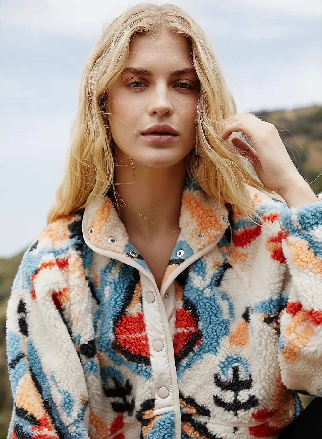 Printed Sherpa Jacket for Women Long Sleeve Button Down Fuzzy Fleece Coat Y2K Outerwear with Pockets