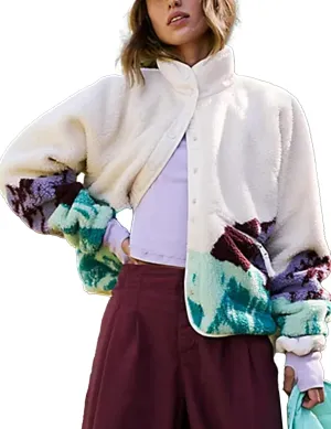Printed Sherpa Jacket for Women Long Sleeve Button Down Fuzzy Fleece Coat Y2K Outerwear with Pockets