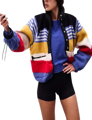 Printed Sherpa Jacket for Women Long Sleeve Button Down Fuzzy Fleece Coat Y2K Outerwear with Pockets
