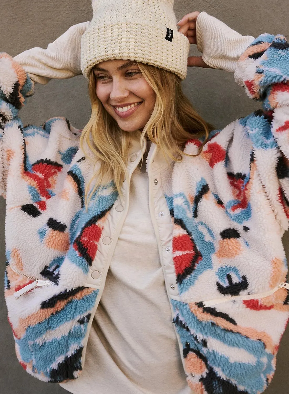 Printed Sherpa Jacket for Women Long Sleeve Button Down Fuzzy Fleece Coat Y2K Outerwear with Pockets
