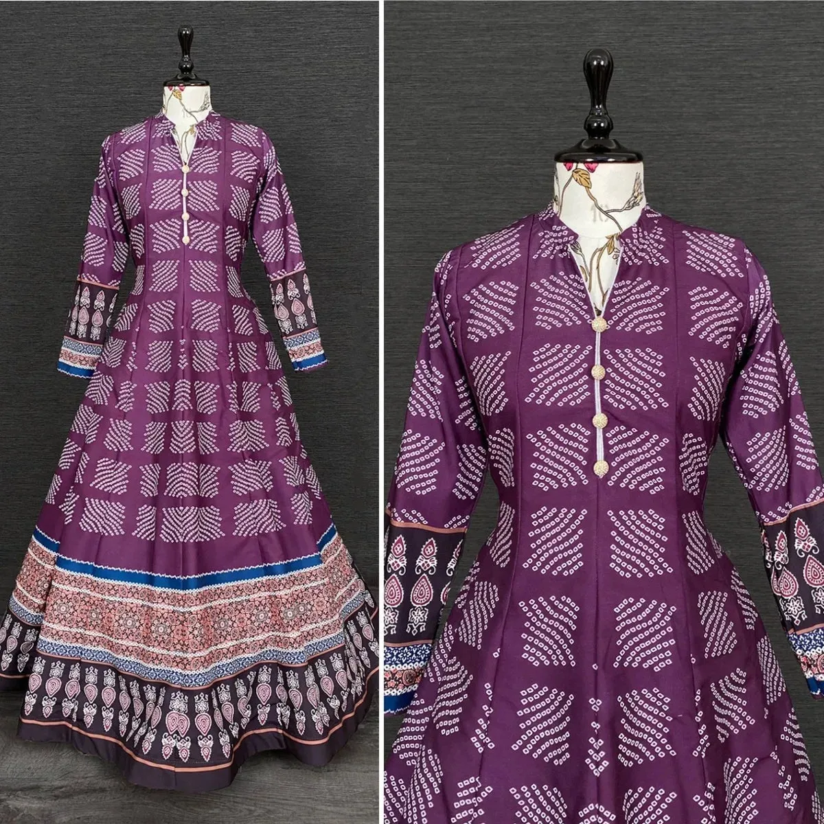 Purple Color Digital Printed Vaishali Silk Gown With Muslin Silk Dupatta