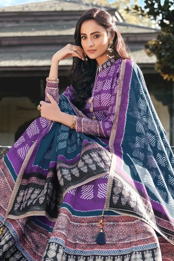 Purple Color Digital Printed Vaishali Silk Gown With Muslin Silk Dupatta