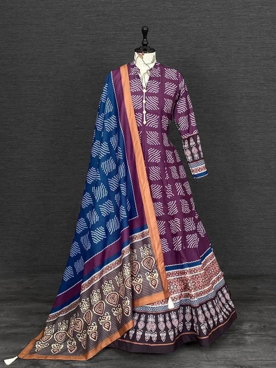Purple Color Digital Printed Vaishali Silk Gown With Muslin Silk Dupatta