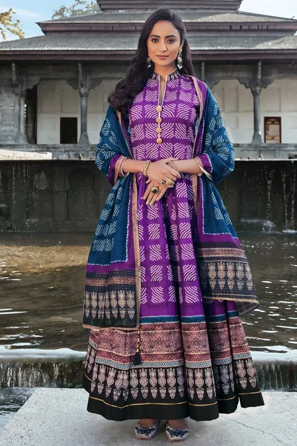 Purple Color Digital Printed Vaishali Silk Gown With Muslin Silk Dupatta