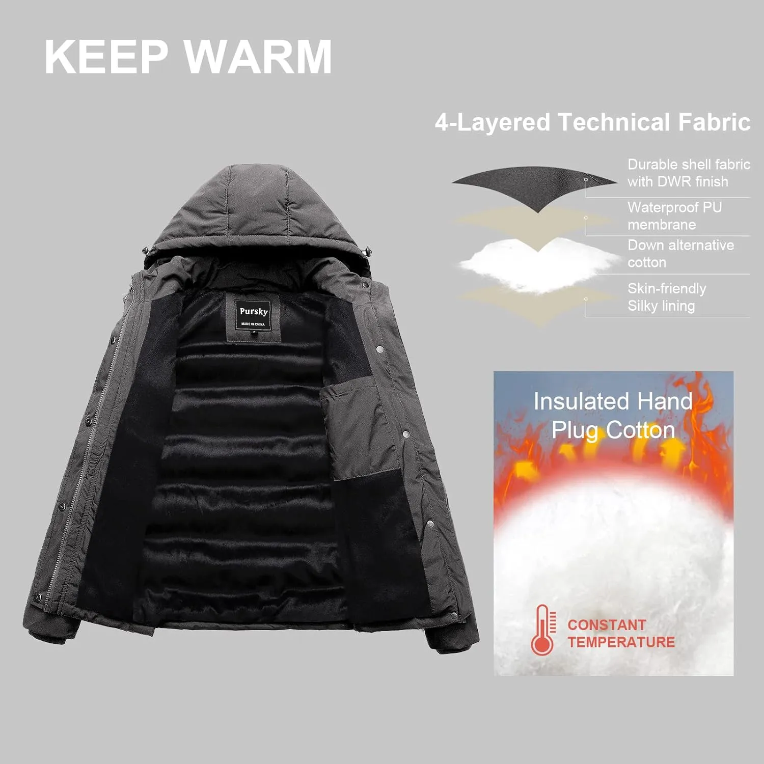 Pursky Women's Warm Winter Thicken Coat Waterproof Cropped Jackets Parka With Removable Hood