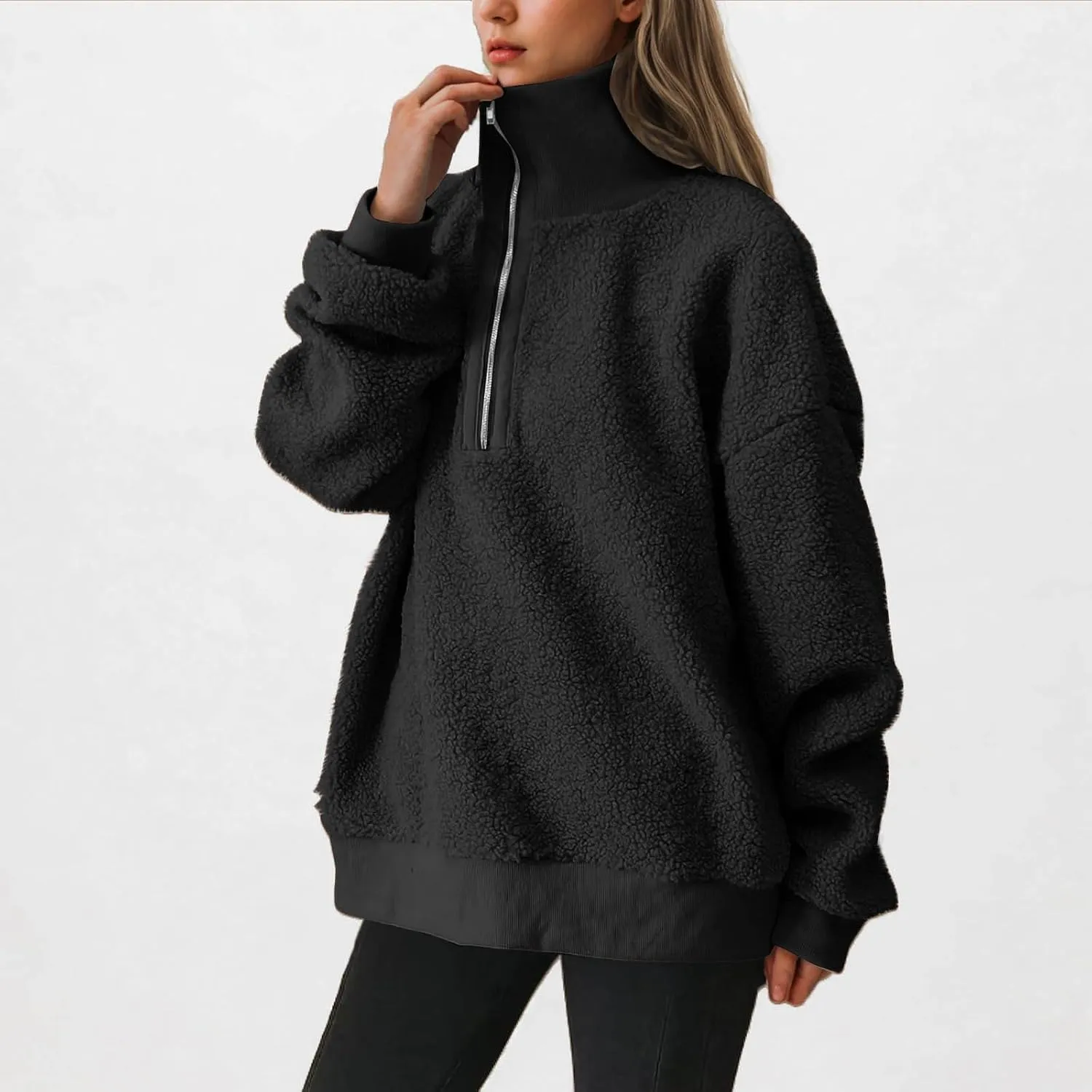 Quarter Zip Pullover Womens Sherpa Jackets Fleece Fuzzy Sweatshirt Casual Winter Coats Fashion Fall 2024 Outerwear