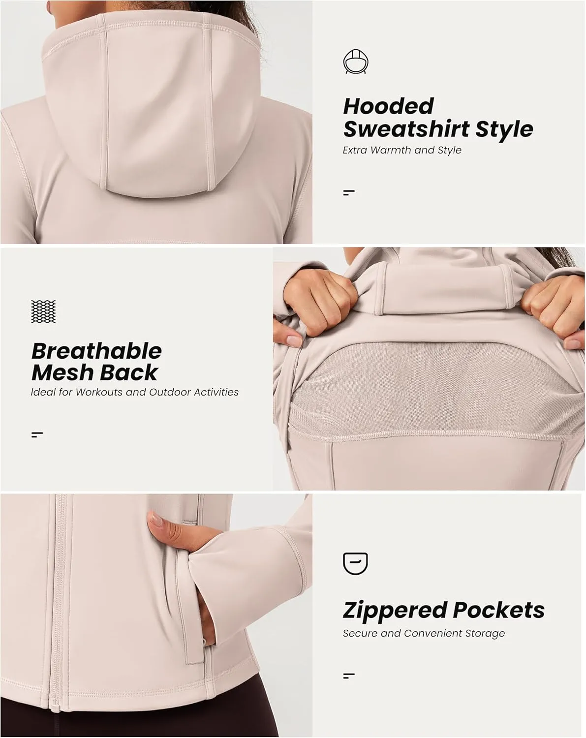 QUEENIEKE Hooded Workout Jacket for Women - Zip Up Athletic Running BBL Jacket Croped Tops with Back Mesh Vent & Thumb Holes
