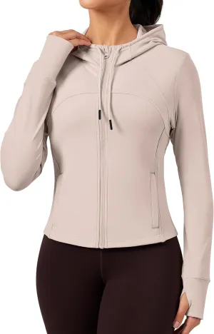 QUEENIEKE Hooded Workout Jacket for Women - Zip Up Athletic Running BBL Jacket Croped Tops with Back Mesh Vent & Thumb Holes