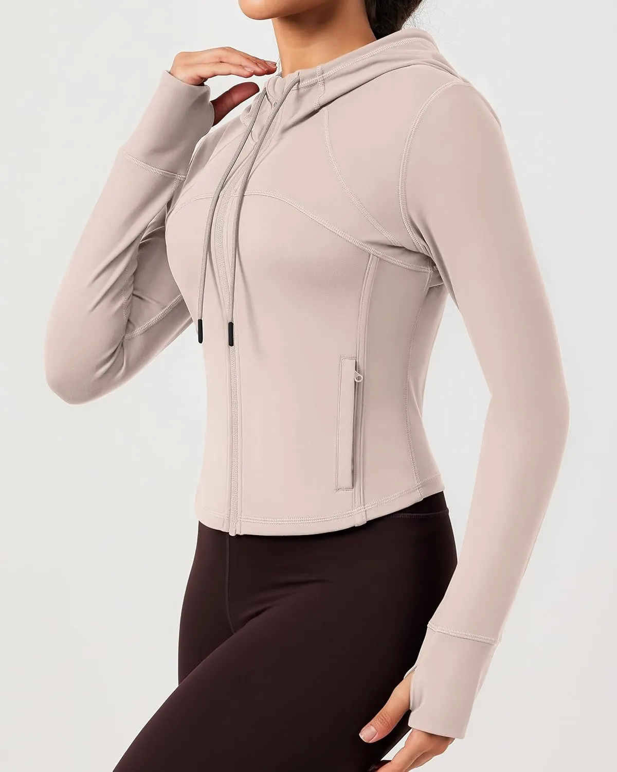 QUEENIEKE Hooded Workout Jacket for Women - Zip Up Athletic Running BBL Jacket Croped Tops with Back Mesh Vent & Thumb Holes