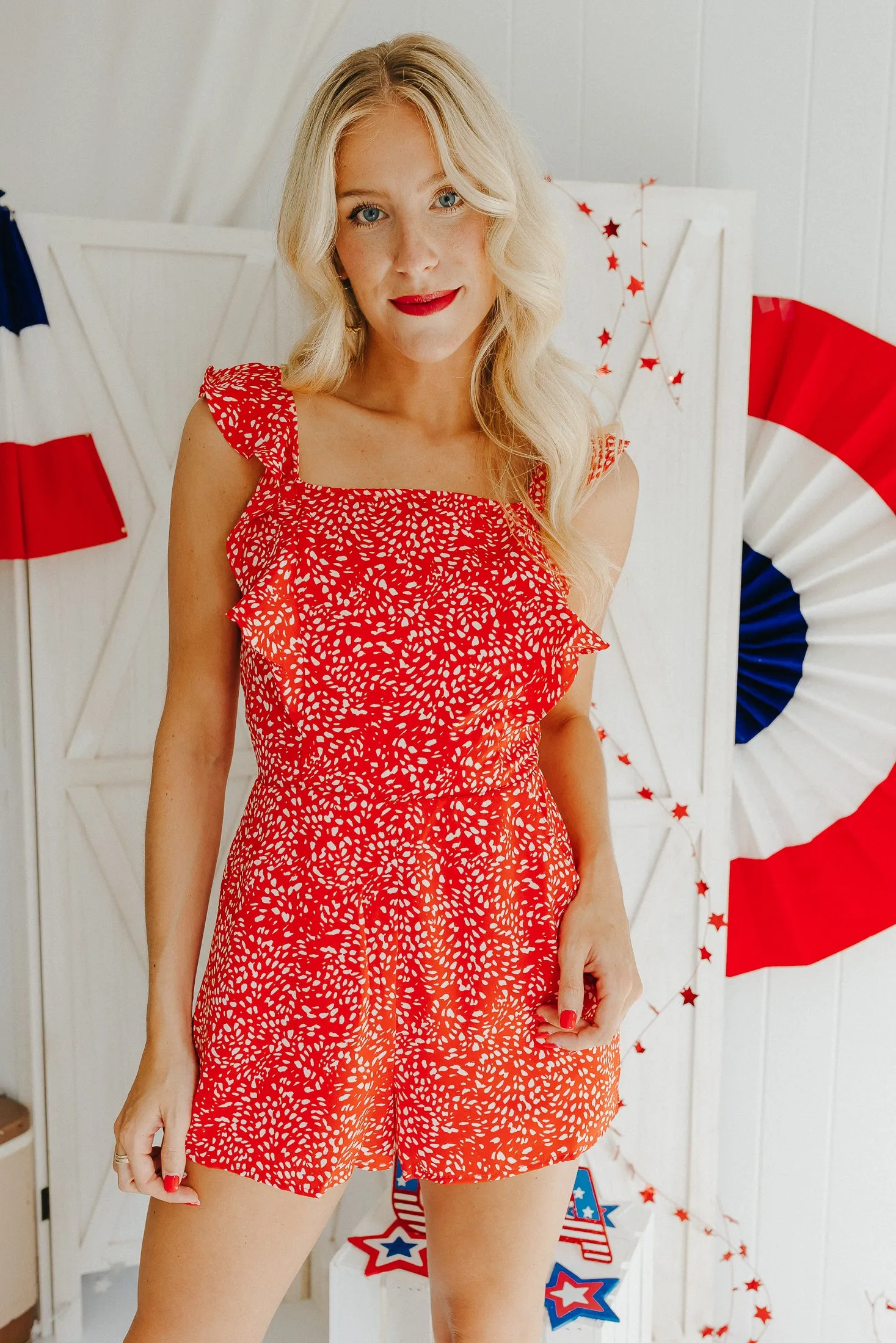 "Feel This Magic" Printed Ruffle Sleeve Romper - Red