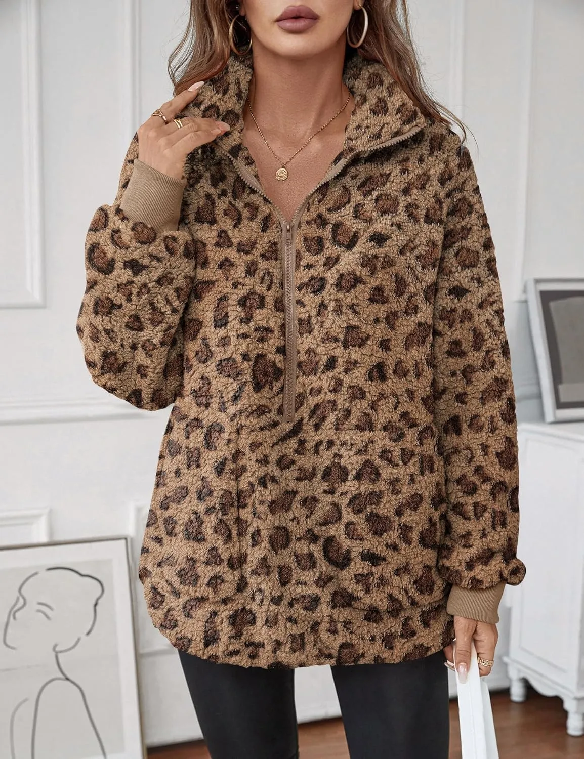 Rapbin Women Half Zip Pullover Long Sleeve Casual Fuzzy Sherpa Fleece Jacket Sweatshirts Winter Outerwear Top with Pockets