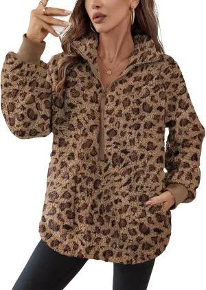 Rapbin Women Half Zip Pullover Long Sleeve Casual Fuzzy Sherpa Fleece Jacket Sweatshirts Winter Outerwear Top with Pockets