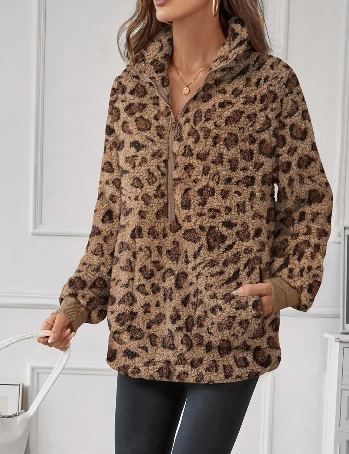 Rapbin Women Half Zip Pullover Long Sleeve Casual Fuzzy Sherpa Fleece Jacket Sweatshirts Winter Outerwear Top with Pockets