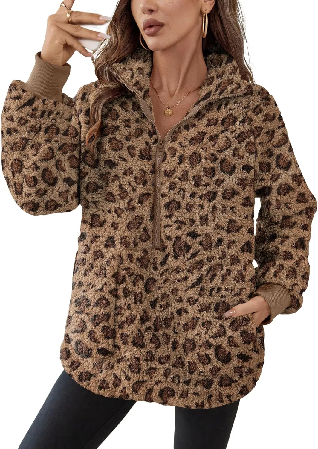 Rapbin Women Half Zip Pullover Long Sleeve Casual Fuzzy Sherpa Fleece Jacket Sweatshirts Winter Outerwear Top with Pockets