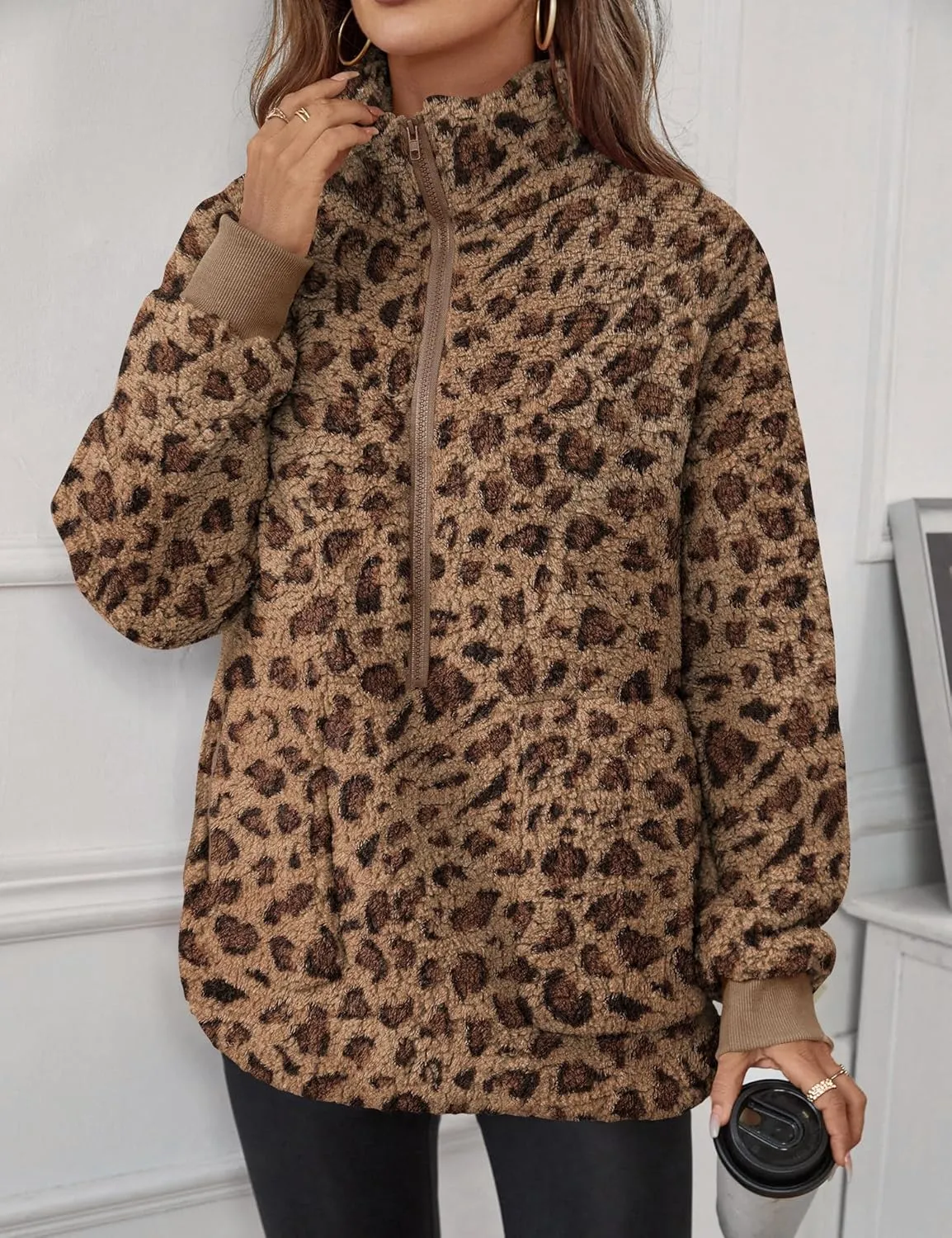 Rapbin Women Half Zip Pullover Long Sleeve Casual Fuzzy Sherpa Fleece Jacket Sweatshirts Winter Outerwear Top with Pockets