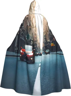 Red Car and Bicycle Print Halloween Hooded Cloak Hooded Cape Adult Halloween Costume Cosplay Witch Cloak with Extra Comfort