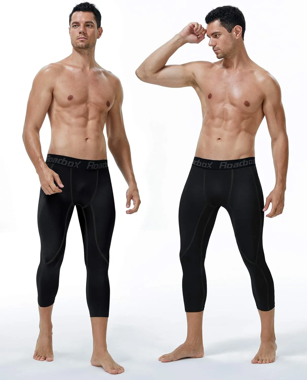 Roadbox 2 Pack Men's 3/4 Compression Pants, Athletic Basketball Workout Tights Leggings, Sport Running Spandex Base Layer
