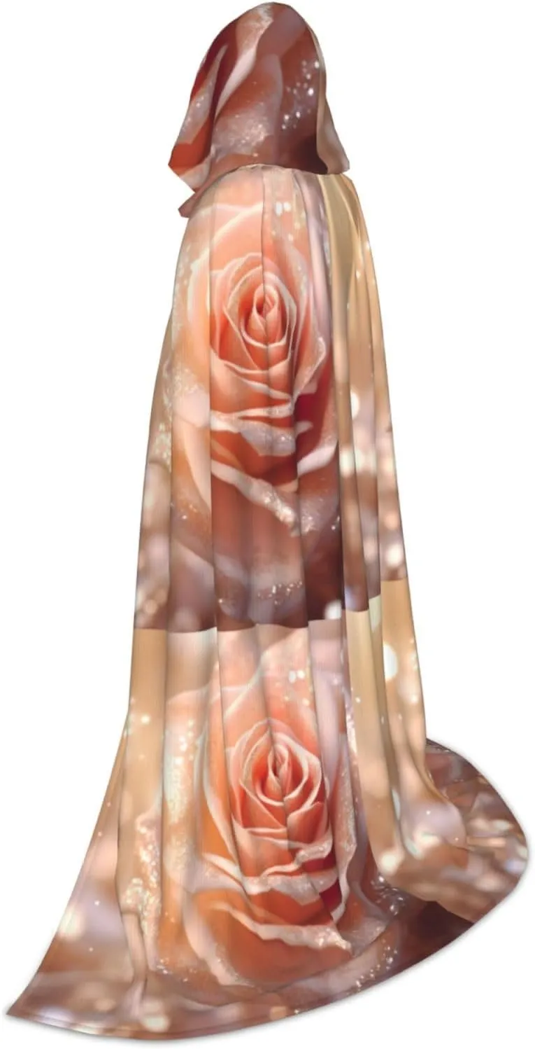 rose gold glitter print Hooded Maxi Cloak Coat Winter Warm Long Cloak Cosplay Costumes Outerwear